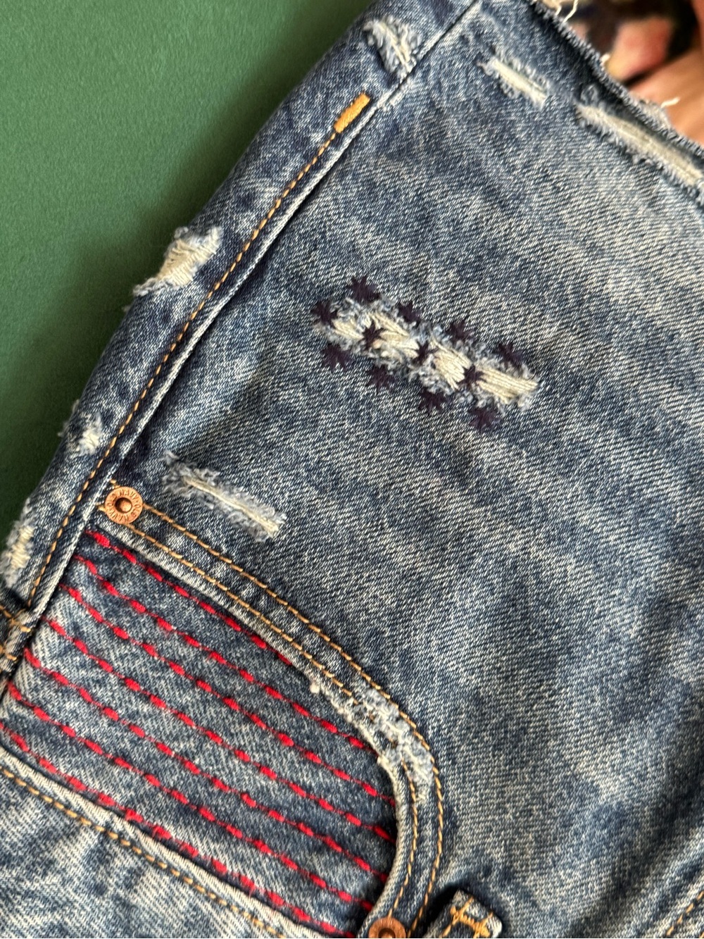 Old Navy Blue Distressed Denim Shorts with Red Stitching - Picture 3 of 6